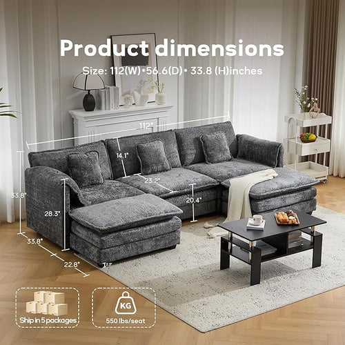 112" U Shaped Modular Sectional Sofa, 3 Seater Comfy Cloud Couch with Movable Ottoman, Deep Seat Couches for Living Room, Bedroom, Apartment (Grey)