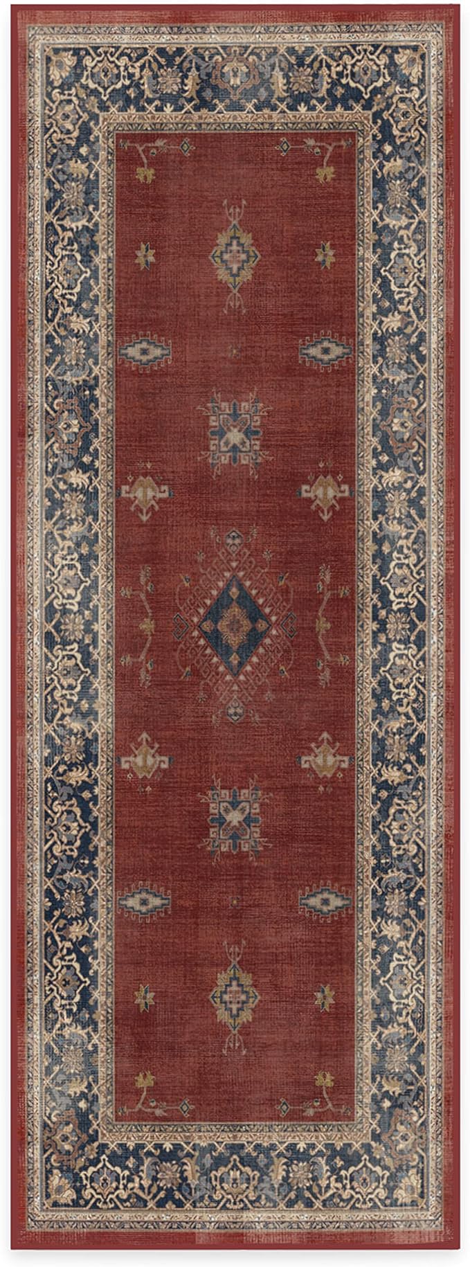 RUGGABLE Washable Vintage Runner Rug – Verena Amber Red 2.5x7, Stain-Resistant, Non-Slip Hallway Runner – Machine Washable Rug for Hallway, Entryway, Living Room & Kitchen–with Standard Pad