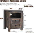 T4TREAM Farmhouse Nightstand Set of 2 with Charging Station, Rustic End Table with 2 Drawers, Storage Open Shelf for Bedroom, Living Room, Wood Side Table, Dark Rustic Oak