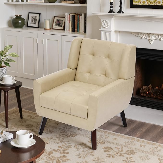 Faux Leather Accent Chair, Mid-Century Modern Upholstered Armchair, Comfy Living Room Chairs Reading Chairs with Button Tufted Back & Solid Wood Legs for Bedroom, Office, Cream