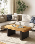 LITTLE TREE Solid Wood Coffee Table, 47.2" Center Table for Living Room, Black and Wood Two-Tone Modern Coffee Table, Rectangle Farmhouse Living Room Table for Bedroom, Easy Assembly, Rustic Natural