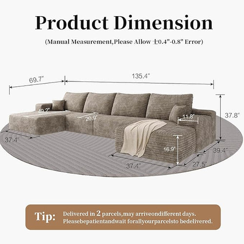 135.4" Large Cloud Modular Sectional Couch with Ottoman, Minimalist Upholstered Couches, Comfort U Shaped Sofa for Living Room,Deep Seat Corner Couch，No Assembly Required (Camel,Left Facing Chaise)