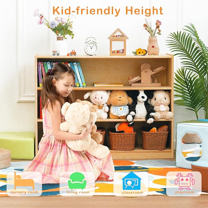 Kids Bookshelf and Toy Storage Shelf, Wooden Montessori Bookshelf, 3-Tier Toy Shelf, 30in Birch Children Bookcase, Classroom Furniture, Book Shelf for Kids Room, Nursery, Playroom