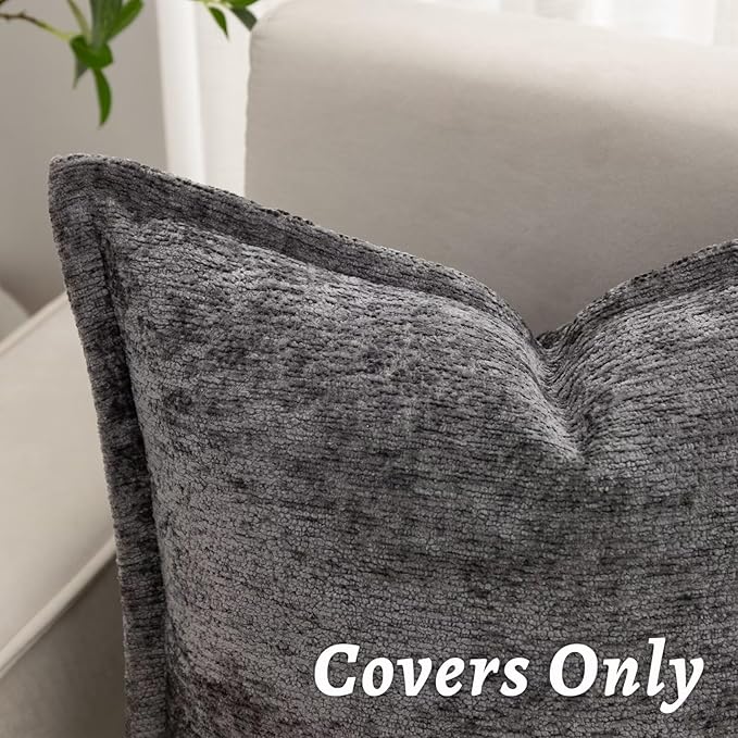 Grey Decorative Throw Pillow Covers 20x20 Inch Set of 2 Cozy Soild Chenille Cushion Cases Soft Textured Square Couch Pillows Cover Boho Accent Farmhouse Pillowcases for Sofa Bed