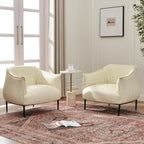 KINWELL 33" W Faux Leather Barrel Chairs Set of 2 with Hand-Tufted Pleated Back Flared Arms, Modern PU Upholstered Accent Chairs with Metal Legs, Large Armchairs Lounge Chairs for Living Room, Cream