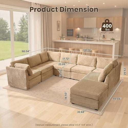 130'' Modern Modular Sectional Sofa with Ottoman, 8 Pieces U Shaped Cloud Couch for Living Room, Oversized Deep Seat Convertible Sofa Set, Plush Corduroy Beige