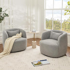 KINWELL 34" Wide Sherpa Swivel Barrel Chairs Set of 2, No Assembly Round Boucle Upholstered Accent Chairs Armchairs Single Sofa Chair with Toss Pillow for Living Room and Bedroom, Gray