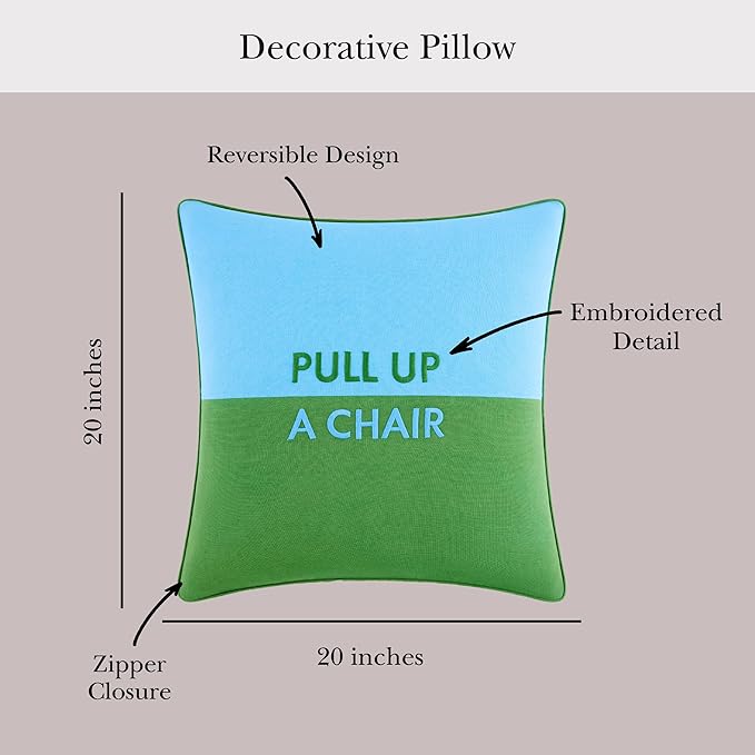 Kate Spade New York Pull Up A Chair Reversible Decorative Pillow, 20" x 20" Throw Pillow for Bed or Sofa, Cotton and Linen Cover, Blue and Green, 20 x 20