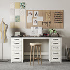 WOPITUES 60" Farmhouse Home Office Desk with 10 Wooden Drawers, Rustic Computer Writing Desk with Power Outlets, Large Executive Desk with Storage Cabinet for Work Study Writing, Black & White
