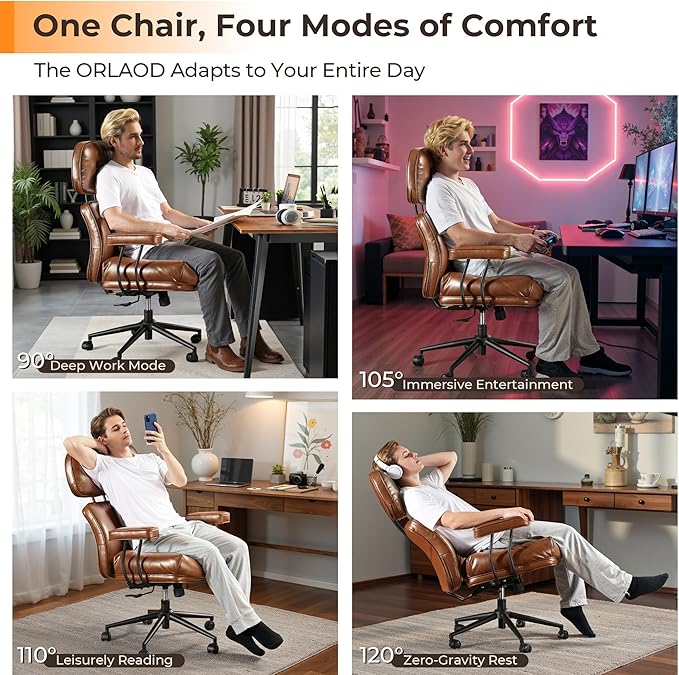 Ergonomic Office Chair Comfy with Lumbar Support, High Back Dark Brown PU Leather Rolling Executive Desk Chair for Home Office & Gaming, 360° Swivel, 300lbs (Light Brown)