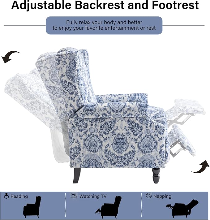 Recliner Chair, Upholstered Wingback Floral Pushback Armchair with Adjustable Backrest & Footrest, Comfy Accent Chair Reading Single Sofa for Small Spaces, Living Room, Bedroom (Navy Blue, Set of 1)
