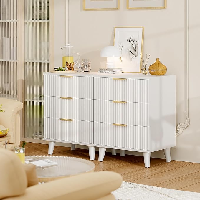 Lulive Wood Nightstand Set of 2 Fluted Dresser for Bedroom 3 Drawers Night Stand with Charging Station, Storage Modern Side Table White