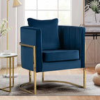 Velvet Accent Chairs Set of 2, Mid Century Modern Upholstered Armchair with Pillow for Living Room, Comfy Barrel Single Vanity Chair with Metal Gold Legs for Bedroom, Blue