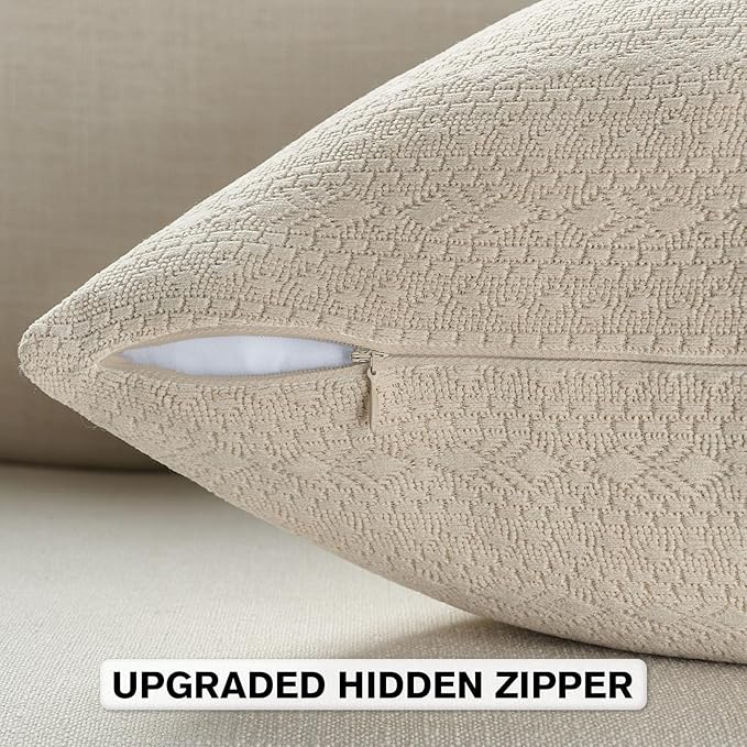FUTEI Beige Chenille Throw Pillow Covers 26x26 Inch Set of 2,Soft Striped & Diamond Textured Euro Pillow Shams,Modern Home Decor for Couch Living Room