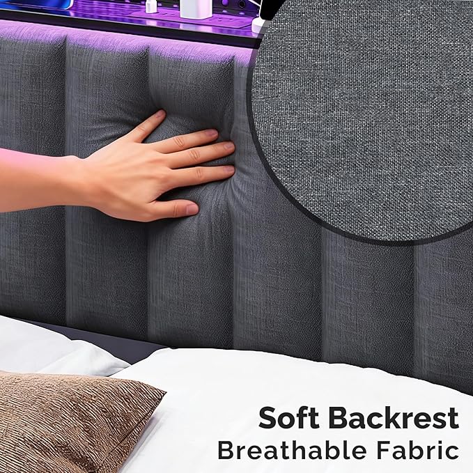VINGLI King Size Headboard Only, Adjustable Upholstered Headboard with 2 Tier Shelves and Pegboard with Charging Stations and LED Lights, Modern Bed Headboard with Storage for Bedroom Decor