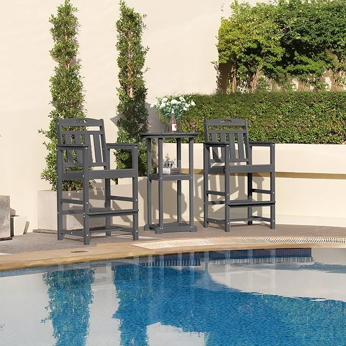 HDPE Outdoor Patio Tall Bar Chair, All-Weather Bar Height Balcony Adirondack Stools for Bistro, Garden, Backyard, Deck | Grey