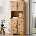Cozy Castle 74" Farmhouse Pantry Cabinet with Charging Station, Tall Kitchen Storage Hutch Cabinet Coffee Bar Workstation, Sideboard Buffet Cupboard for Dining Room Living Room Furniture, Oak