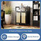 HITNET Bamboo Floor Cabinet, Bathroom Storage Cabinet with 2 Rattan Doors and Shelves, Space Saving Freestanding Kitchen Cupboard, Black