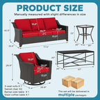 5 Pieces Outdoor Conversation Furniture Set - 77" Patio Sofa, 2 Swivel Rocker Chairs, 1 Side Table, 1 Metal Coffee Table, Patio Wicker Couch Set with Washable Cushions for Porch (Red)