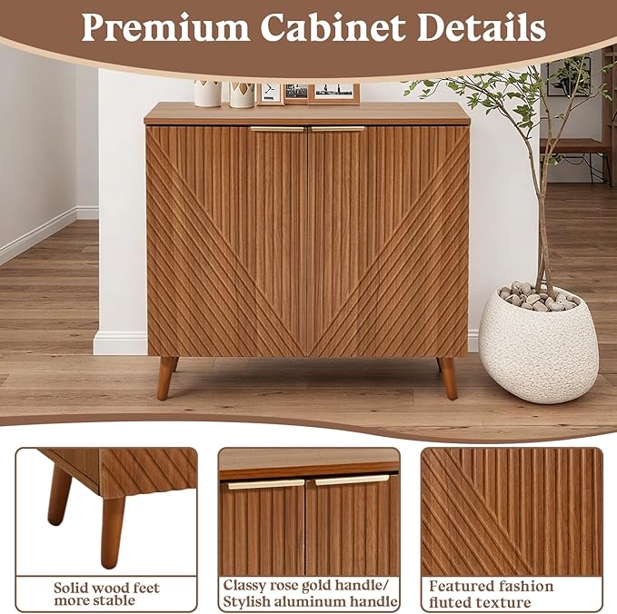 Fluted Storage Cabinet with Doors, Wood Sideboard Buffet Cabinet with Adjustable Shelf, Modern Accent for Living Room, Entryway (Set of 3, Brown)