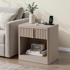 Fluted Nightstand Set of 2 with Charging Station, 23.6" Wood End Table with Solid Wood Handle, Curved Profile Design, Mid Century Moden Bedside Table for Bedroom, White Alder