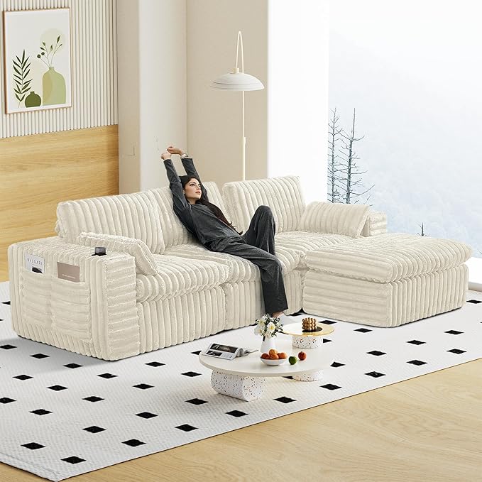 114" Cloud Boneless Sectional Couches for Living Room, Modular Sectional Sofa with Cup Holder, Cozy Fluffy L Shaped Deep Seat Boneless Couch with Storage Pocket, No Assembly Required, Beige