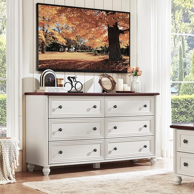 6 Drawers Dresser for Bedroom, Farmhouse 54" Wide Wood Dressers Chest of Drawers, Vintage Design TV Stand, Rustic Storage Dresser Organizer with Metal Handle Closet for Living Room, Hallway