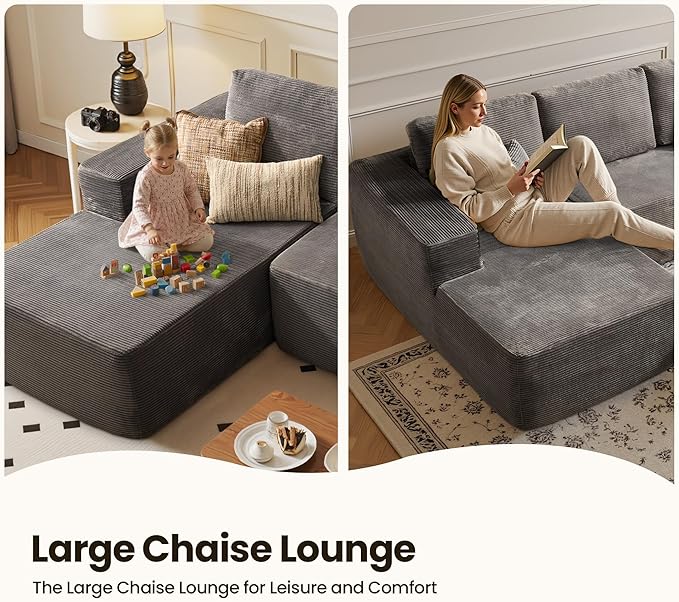 104" Cloud Sectional Couch with Chaise, Boneless L-Shaped Cloud Couch with Deep Seat, Corduroy Modern Minimalist Sofa, Assembly Free Comfy Sofa for Office Living Room Apartment(Grey, Left Chaise)