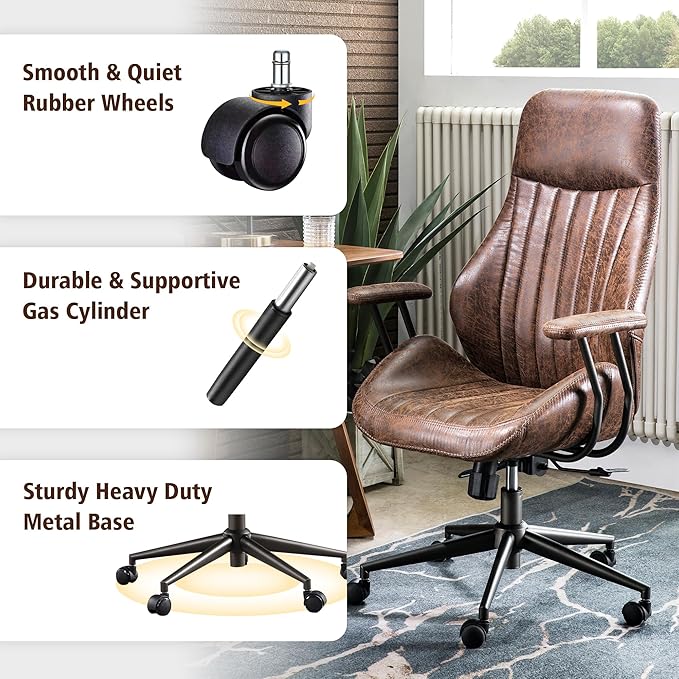 ovios Home Office Ergonomic Chair, Mid-Century Modern Luxury Faux Suede Leather Chairs, Comfy High Back Computer Swivel Rolling Task Armchair for Executive, Dark Brown