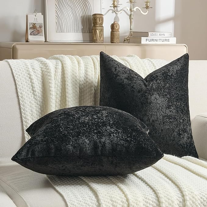 FUTEI Black Flannel Throw Pillow Covers 16x16 Inch Set of 2,Soft Dimensional Textured Cushion Cases,Modern Home Decor for Couch Living Room