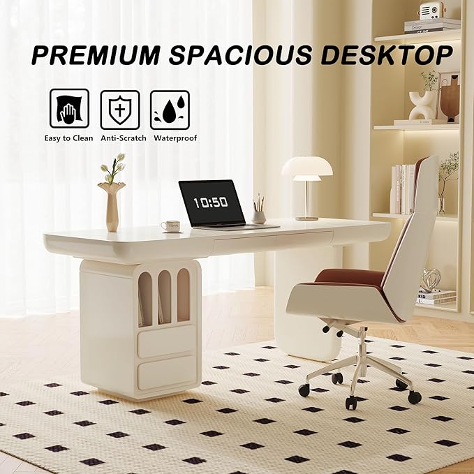 63 Inch White Writing Desk with Storage, Modern Computer Desk with 4 Drawers for Study, Wooden Executive Desk for Home Office