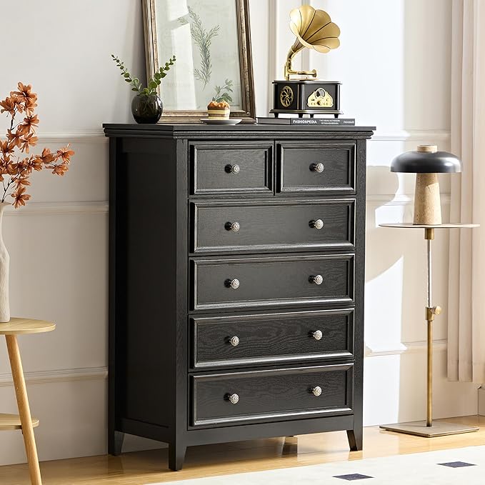 BLANKSPACE Black Dresser, 6 Chest Drawer Dresser for Bedroom, Large Capacity Nightstand, Modern Wood Cabinet for Bedroom, Living Room, Closets