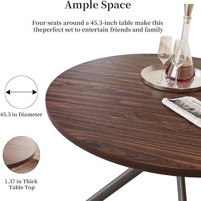 45.3 Inch Modern Round Dining Table for 4, Space-Saving Dinette with Carbon Steel Legs for Home Kitchen Apartment(Dark Walnut Table)