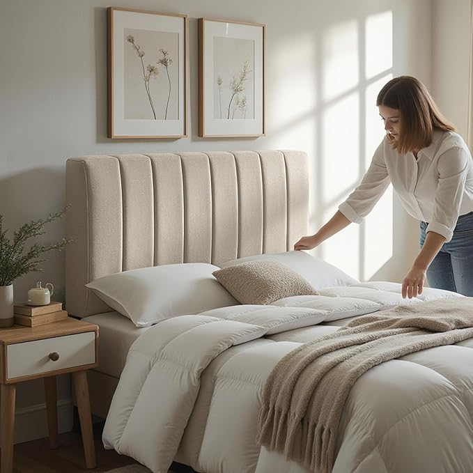 Nestl Upholstered King Headboard - Easy Assemble Channel Stitched Headboard King Size Bed - Wall Mounted Headboards with 3D Soundproof Wall Panels Peel & Stick Floating Headboards, Beige