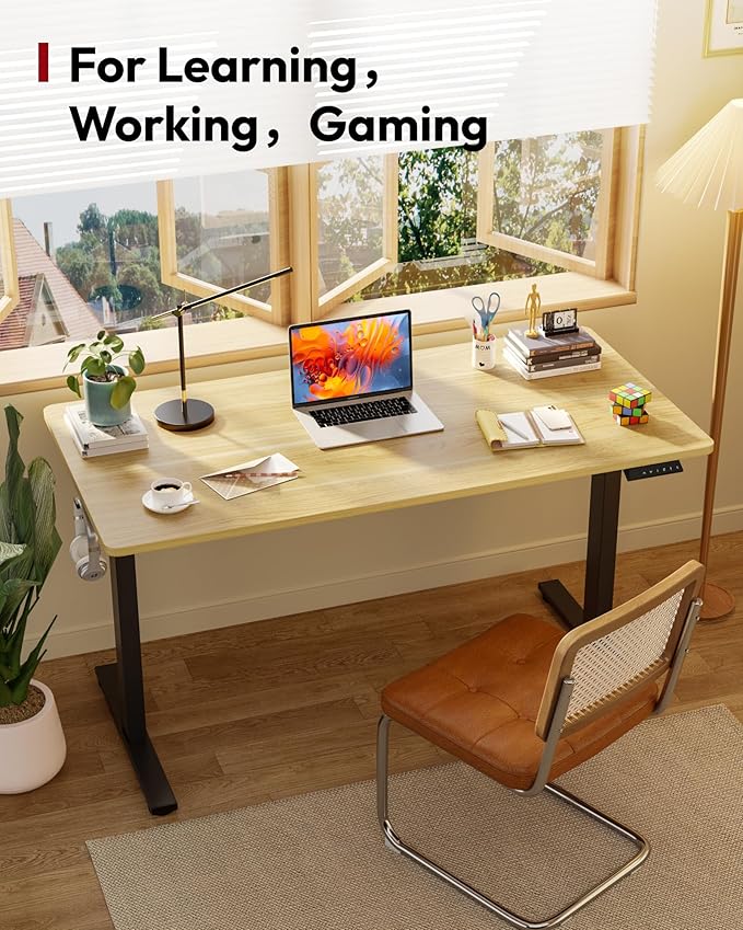 SANODESK Electric Standing Desk 60 x 24 Inches Whole-Piece Desktop Height Adjustable Stand Up Desk w/6-Button Controller Ergonomic Computer Desk for Home Office, Black Frame + Natural Tabletop
