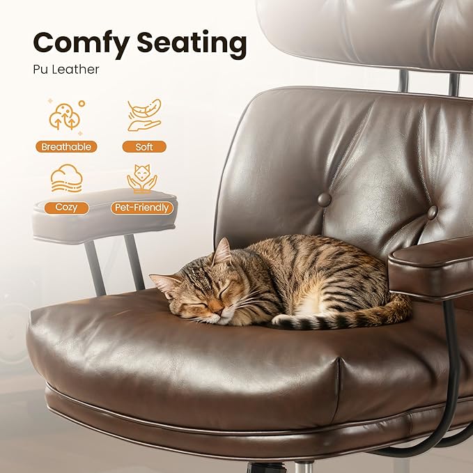 Home Office Desk Chair, Mid-Century Modern Office Chair with Adjustable Lumbar Support, Thickened Cushion Executive Desk Chair with 360 Rolling Swivel for Meeting Game Study Room(Coffee)