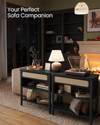 VASAGLE Console Table with Power Outlets, Entryway Table with Storage Shelf, Sofa Table with Drawer, Open Compartment, Rounded Corners, for Living Room, Boho Style, Ash Black ULNT140B21