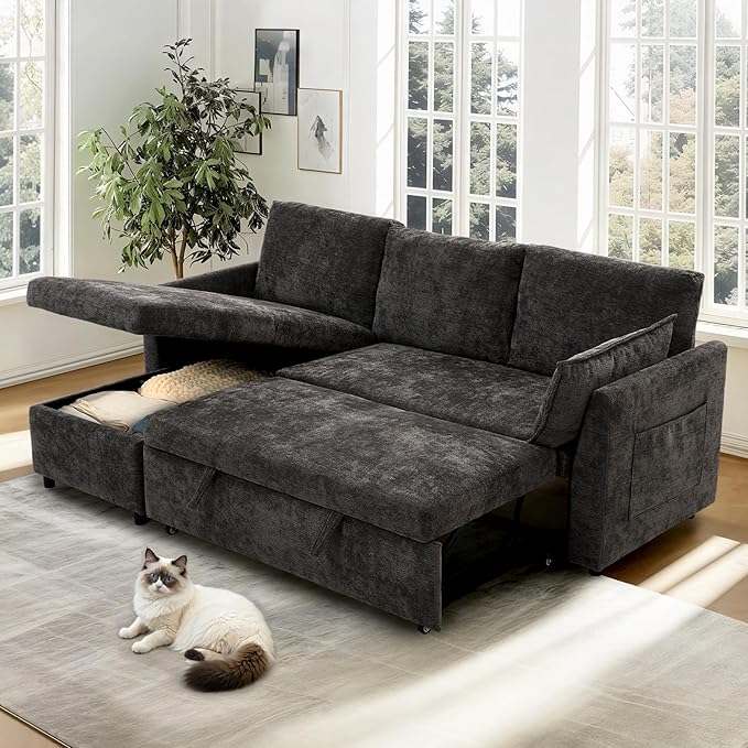 FLEXISPOT XB5 78" Pull Out Couch Bed with Storage Chaise, 2-in-1 Convertible Sofa Bed with USB Charging Ports, 3-Seater Sectional Sofa Couch for Living Room Apartment, Easy to Assemble(Dark Gray)