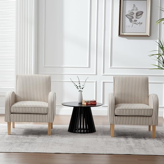 Striped Accent Chair for Living Room, Farmhouse Linen Upholstered Striped Arm Chair Seat Reading Chairs Bedroom Side Seating for Home Office, Beige with Stripe