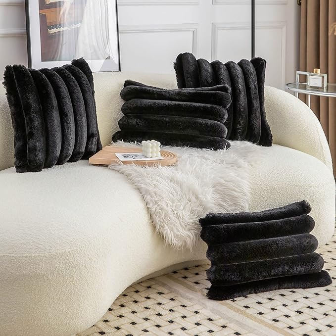 Neelvin Black Faux Fur Cozy Soft Striped Decorative Throw Pillow Covers 26x26 inch Set of 2,Velvet Pillowcase Cushion Case for Sofa Couch