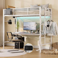 Loft Bed Twin,Loft Bed with Built-in Power Outlet LED Lights,Clothing Hanger Space Saving,Storage Pouch,Heavy Duty Metal Safety Guard Rail for Kids Teens Adults,No Box Spring Needed,White