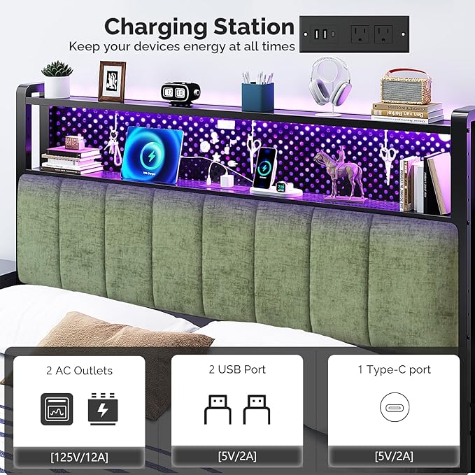 VINGLI Queen Size Headboard Only, Adjustable Upholstered Headboard with 2 Tier Shelves and Pegboard with Charging Stations and LED Lights, Modern Bed Headboard with Storage for Bedroom Decor