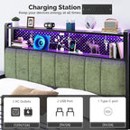 VINGLI Queen Size Headboard Only, Adjustable Upholstered Headboard with 2 Tier Shelves and Pegboard with Charging Stations and LED Lights, Modern Bed Headboard with Storage for Bedroom Decor