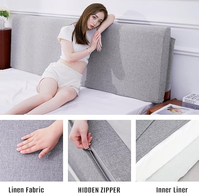Upholstered Full Headboard, No Tools Needed, Wall Mounted Headboard with Removeable Washable Linen, Multi-Functional Backrest (Grey)