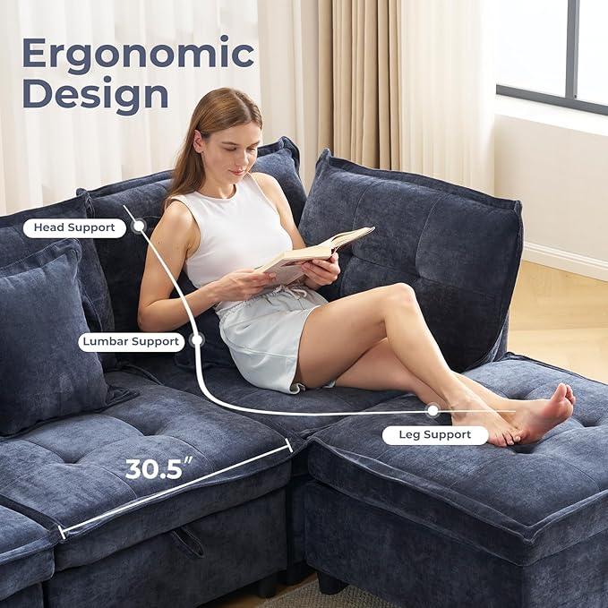 103" Modular Sectional Sofa, L-Shaped Corduroy Comfy Sectional Couches for Living Room, 3-Seater Cloud Couches with 1 Ottoman, Modern Deep Seat Sofa with Large Storage, Blue