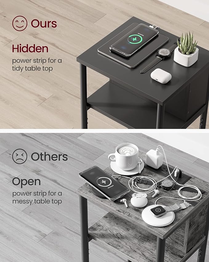 VASAGLE Side Table with Charging Station, 3-Tier End Table with USB Ports and Outlets, Nightstand for Living Room, Bedroom, 11.8 x 13.4 x 22.8 Inches, Plug-in Series, Black