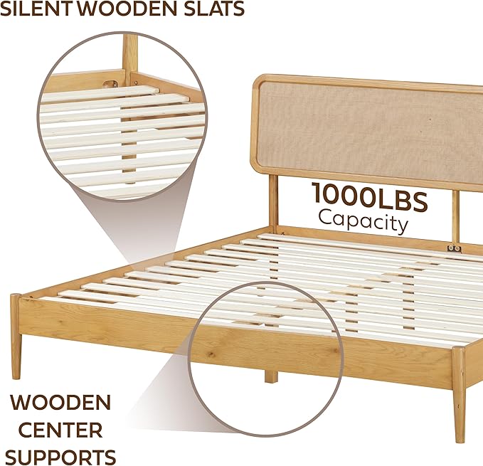 NTC Lupin Wooden Bed Frame with Headboard, Solid Oak and Rubber Wood Foundation with Silent Slats and Wood Central Supports, 1000 Lb Capacity, Effortless Assembly, Queen - Rustic Oak