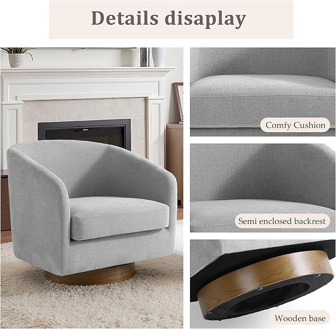 Lumibee Swivel Accent Chair, Chenille Fabric Swivel Barrel Chair for Living Room, Modern Comfy Upholstered Round Armchair Single Sofa Chair for Bedroom, Club-Light Grey