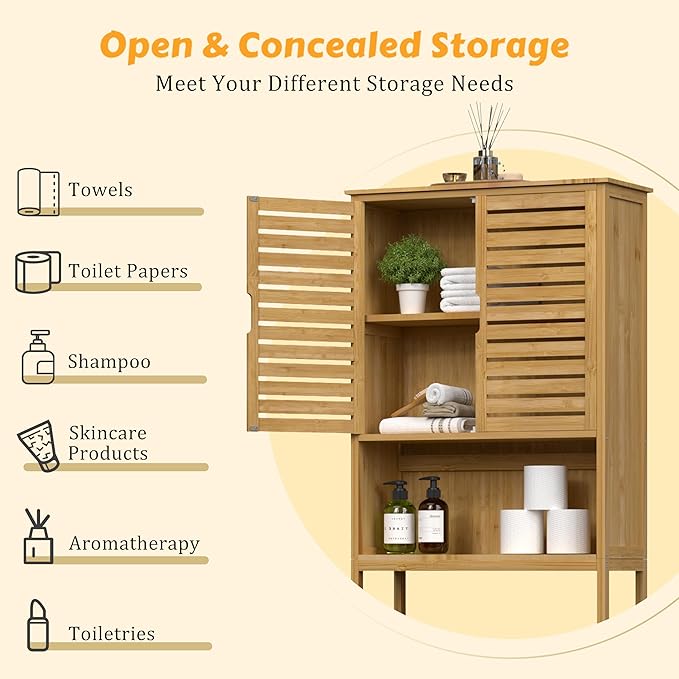 Over-The-Toilet Storage Shelf with Doors, Bathroom Freestanding Bamboo Organizer Space Saver with Adjustable Shelf, Natural