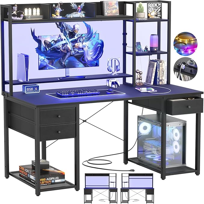 Aheaplus LED Gaming Desk with Hutch, 47.2'' Computer Workstation, Black